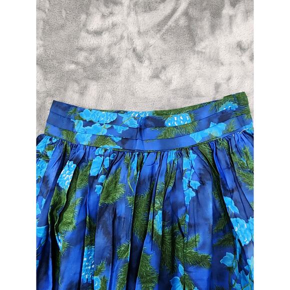 Vintage 40s VIP Fabrics Floral Pleated Maxi Skirt Size S Blue Green Metal Zip - Picture 6 of 7